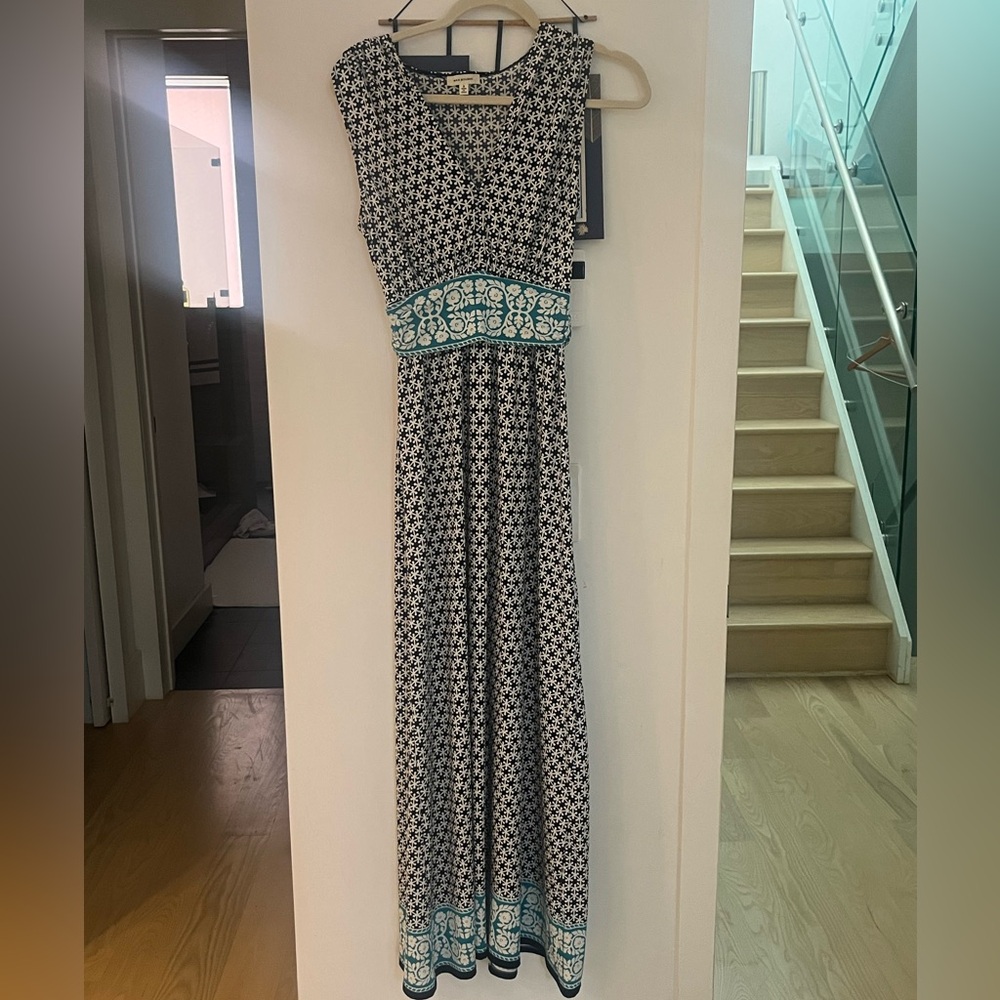 Max Studio Printed Maxi Dress - Navy/White/Turquoise
